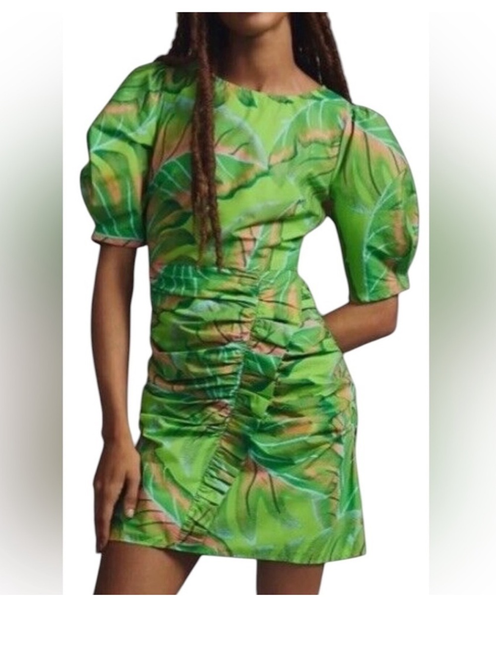 FARM Rio Green Leaf-Print Ruched Mini Dress